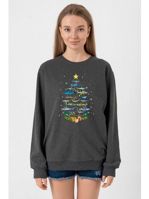 Tshirthane Shark Christmas Tree Füme Kadın 2ip Sweatshirt