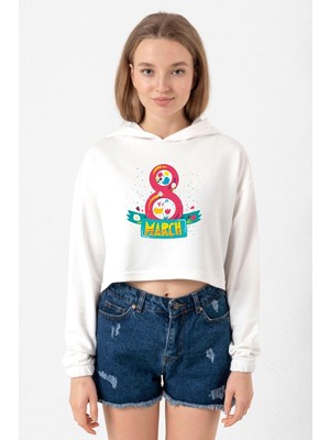 Tshirthane International Women's Day Ekru Kadın Crop Kapşonlu