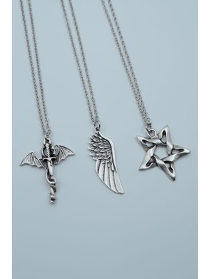 IDR 3'lü Ejderha Kılıç Büyük Kanat Pentagram Gümüş Kaplama Kolye Seti