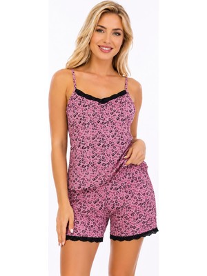 Sleeproom Yazlık Viskon Ip Askılı Dantelli Pembe Kalpli Şortlu Takım