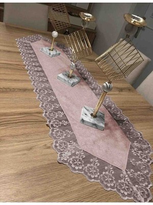 Koray Home Kadife Dantel Detaylı Masa Örtüsü Runner Pudra