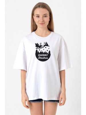 Merry Christmas Sleigh Beyaz Kadın Oversize Tshirt