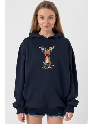 Tshirthane Adorable Reindeer Christmas Lacivert Kadın 3ip Kapşonlu
