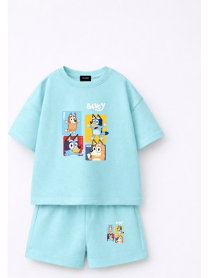 Fasardi Bluey Baskılı Oversize %100 Pamuk Tişört Şort Çocuk 2li Takım
