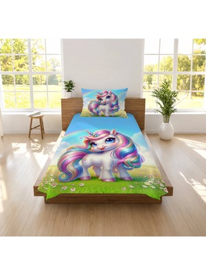 Hediyechy Unicorn Temalı Desen Baskılı Tek Kişilik Pike Takımı