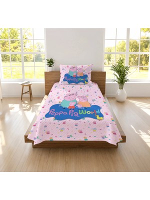 Hediyechy Peppa Pig Temalı Desen Baskılı Tek Kişilik Pike Takımı