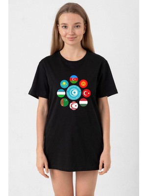 Türk Devletleri Teşkilat Siyah Kadın Oversize Tshirt