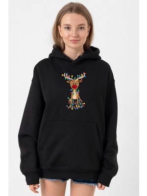 Tshirthane Adorable Reindeer Christmas Siyah Kadın 3ip Kapşonlu