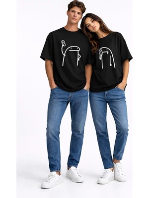 Nevermind Komik Terlik Fırlatan Çöp Adam Çift Tişörtü Oversize Unisex Sevgili Kombini Baskılı Beyaz Tişört