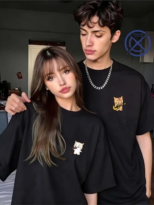 Nevermind Sevgili Kombin Tişörtü Müzik Yapan Kedi Baskılı Unisex Oversize %100 Pamuk Çift Tişörtü
