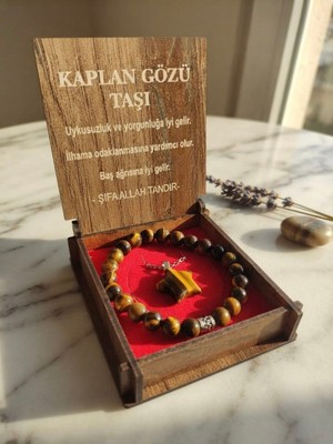 Meneva Aksesuar Kaplan Gözü Taşı Doğal Taş Ahşap Kutulu Kolye, Bileklik Seti