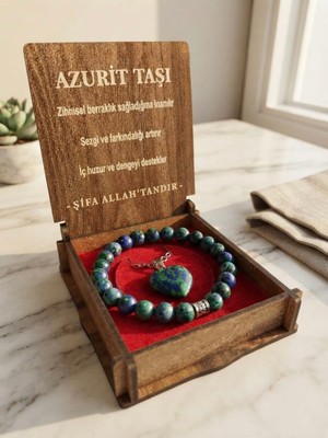 Meneva Aksesuar Azurit Taşı Doğal Taş Ahşap Kutulu Kolye, Bileklik Seti