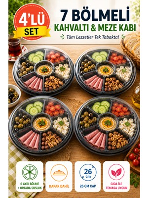 Open City 4'lü Set 7 Bölmeli Kahvaltı Meze Kabı Kapaklı 26 cm Tek Kullanımlık Salata Sunum Kabı Seti