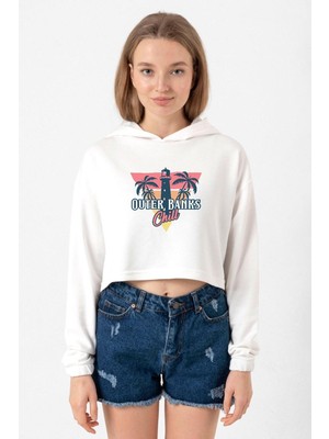 Tshirthane Outer Banks Chill Ekru Kadın Crop Kapşonlu