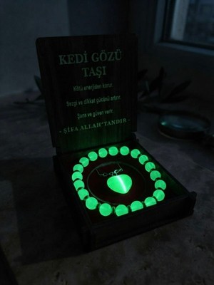 Meneva Aksesuar Kedi Gözü Doğal Taş Ahşap Kutulu Kolye, Bileklik Seti