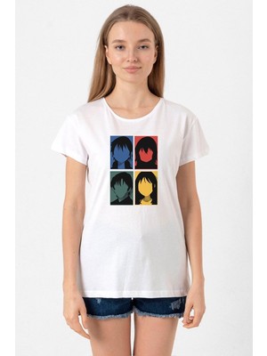 Erased Anime All Main Character Minimal Colorful Art Beyaz Kadın Bisikletyaka Tshirt