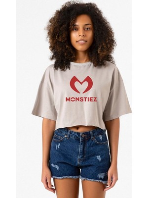 Babymonster Monstiez Taş Rengi Kadın Crop Kapşonlu