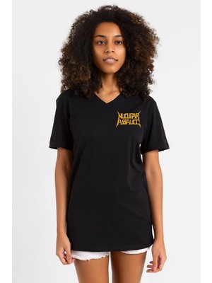 Nuclear Assault Lettern Siyah Kadın V Yaka Tshirt