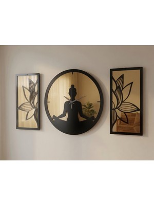 Ergeç Tasarım Lotus Meditasyon Gold Aynalı Pleksi Dekoratif Duvar Saati ve Panel Seti 3 Parça 50 cm | Siyah / Atlantik Çam