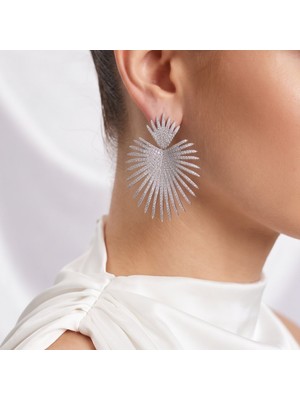 Evrenial Gümüş Renk Zirkon Taşlı Palmiye Model Kadın Abiye Küpe