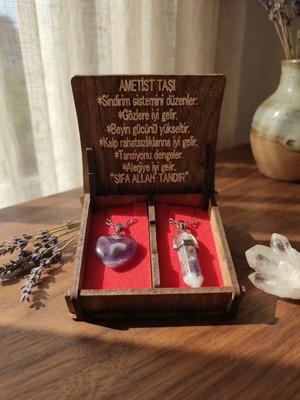 Meneva Aksesuar Ametist Taşı Ahşap Kutulu Ikili Kolye Seti