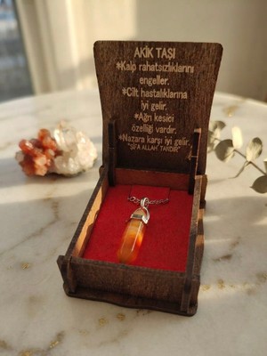 Meneva Aksesuar Akik Taşı Doğal Taş Çivi Model Ahşap Kutulu Kolye