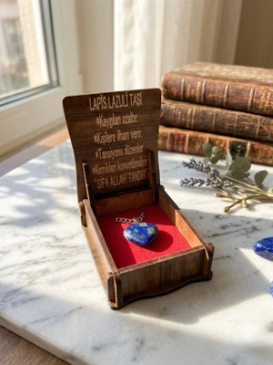Meneva Aksesuar Lapis Lazuli Taşı Doğal Taş Kalp Model Ahşap Kutulu Kolye