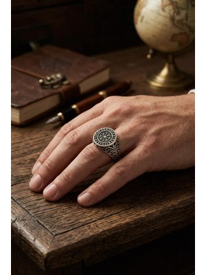 Begondio Viking Tarzı Vegvisir ve Runik Yazılı Kıvrım Detaylı Ayarlanabilir Erkek Yüzük