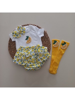 MARS BABY Kız Bebek Sarı Limonlu Fırfır Şort Etek Bodyli Çorap Takımı