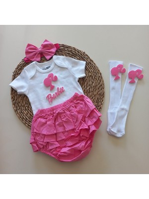 Mars Baby Kız Bebek Pembe Fuşya Barbie Figürlü Fırfırşort Etek Bandana Çorap Takım