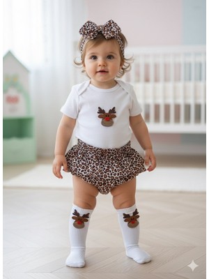 Mars Baby BALBÖCEĞİKİDS Kız Bebek Çocuk Leopar Fırfırşort Geyik Figürlü Badili Çoraplı Takım