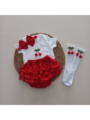 Balböceğikids Kız Bebek Kırmızı Ponpon Kiraz Fırfır Şort Etek Bodyli Çorap Takımı