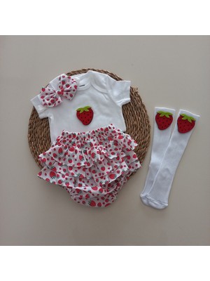 MARS BABY Kız Bebek Çilekli Fırfır Şort Etek Bodyli Çorap Takımı