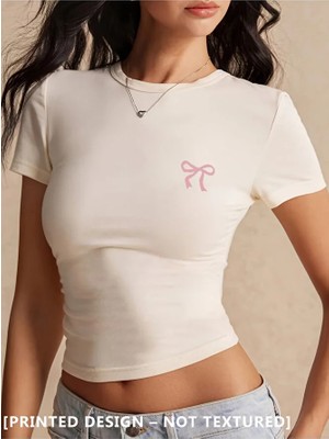 Nevermind Kadın Crop Baby Tee Fiyonk Baskılı Dar Kesim Y2K Estetik %100 Pamuk Basic Tişört