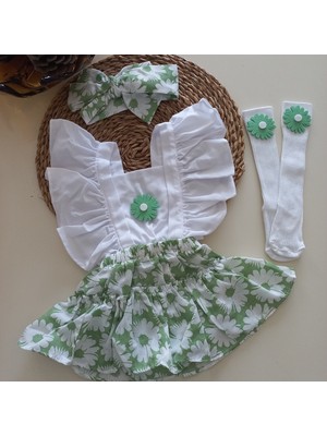 Mars Baby Kız Bebek Beyaz Yeşil Çiçek Desenli Fırfırlı Salopet Bandana Beyaz Çorap Takım