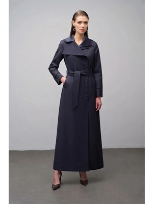 Olcay Saten Garnili Çift Yakalı Astarsız Pardesü Lacivert 6876