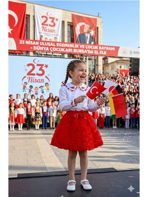 Kız Çocuk Güllü Papyon Beli Lastikli  Etek 6/13 Yaş