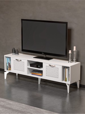 İşsevenler Tv Sehpası Tv Ünitesi Beyaz Gümüş 160 Cm Linya 5043