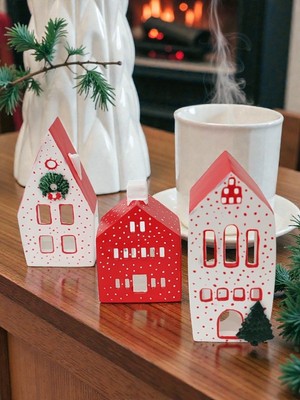Artnest Home Yılbaşı Ev Mumluk Seti, Kırmızı ve Beyaz Renkli Yüksek Kaliteli Malzeme El Yapımı Dekoratif Obje Biblo, Ev Dekoru, Masa Dekoru, Yılbaşı Dekoru, Hediyelik, Yılbaşı Evleri