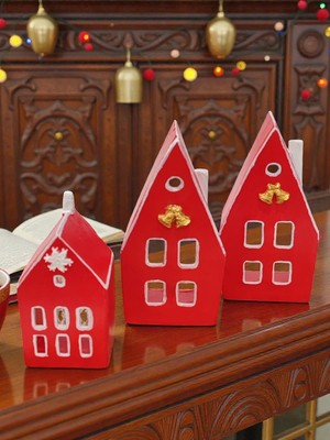 Artnest Home Yılbaşı Ev Mumluk Seti, Kırmızı Renkli Yüksek Kaliteli Malzeme El Yapımı Dekoratif Obje Biblo, Ev Dekoru, Masa Dekoru, Yılbaşı Dekoru, Hediyelik, Yılbaşı Evleri