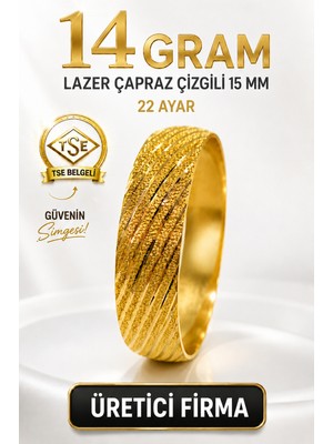 Aks Gold 22 Ayar TSE Belgeli (14 GRAM) Lazer Çapraz Çizgili 15 mm Ajda Altın Bilezik İşçiliksiz