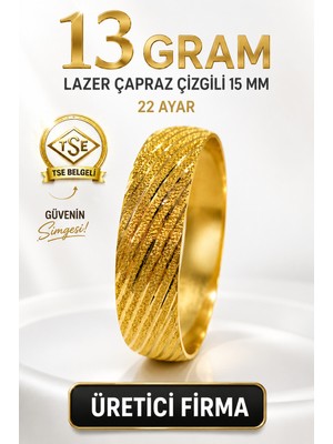 Aks Gold 22 Ayar TSE Belgeli (13 GRAM) Lazer Çapraz Çizgili 15 mm Ajda Altın Bilezik İşçiliksiz