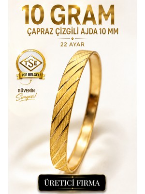 Aks Gold 22 Ayar TSE Belgeli (10 GRAM) Çapraz Çizgili Ajda 10 mm Ajda Altın Bilezik İşçiliksiz