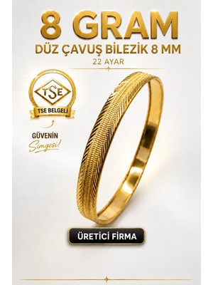 Aks Gold 22 Ayar TSE Belgeli (8 GRAM) Düz Çavuş Ajda Bilezik 8 mm Gold Altın İşçiliksiz Düğün