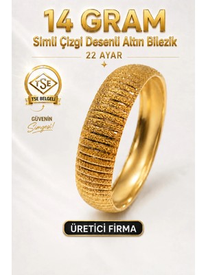 Aks Gold 22 Ayar TSE Belgeli (14 GRAM) Simli Çizgi Desenli Altın Bilezik 15 mm Gold Bilezik İşçiliksiz Nişan
