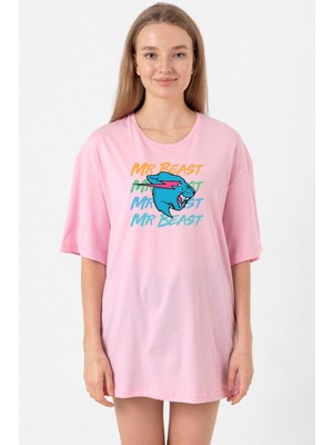 Mr Beast Lettern Pembe Kadın Oversize Tshirt