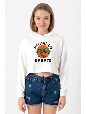 Tshirthane Cobra Kai Miyagi Do Karate Ekru Kadın Crop Kapşonlu