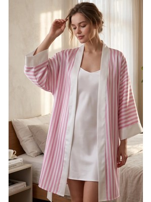 Avrissa Concept Modern Pembe Düz Çizgili Kimono Takımı & Sabahlık Takımı