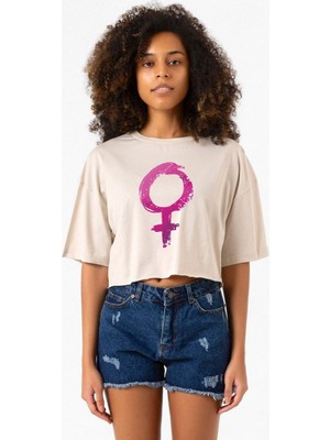 Purple Venus Symbol Bej Kadın Crop Tshirt