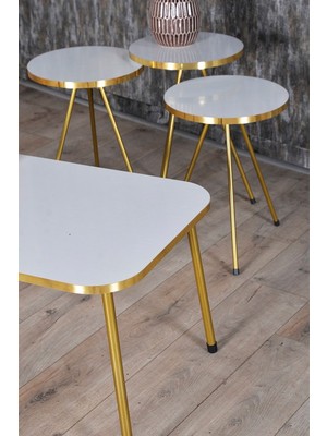 Zigon Sehpa ve Orta Sehpa Kr Gold Metal Ayak Gold Beyaz Set